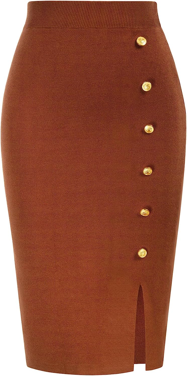 Kate Kasin Women Knit Pencil Skirt Knee Length High Waisted Slit Bodycon Sweater Skirts with Buttons - Image 1